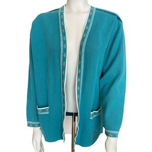 Vintage ’90s–Y2K Light Teal Cardigan with Metallic Gold Stars – Oversized XL
